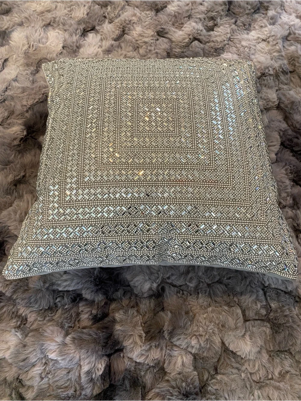 Embellished Rhinestones Square Throw Pillow - Silver & Gray